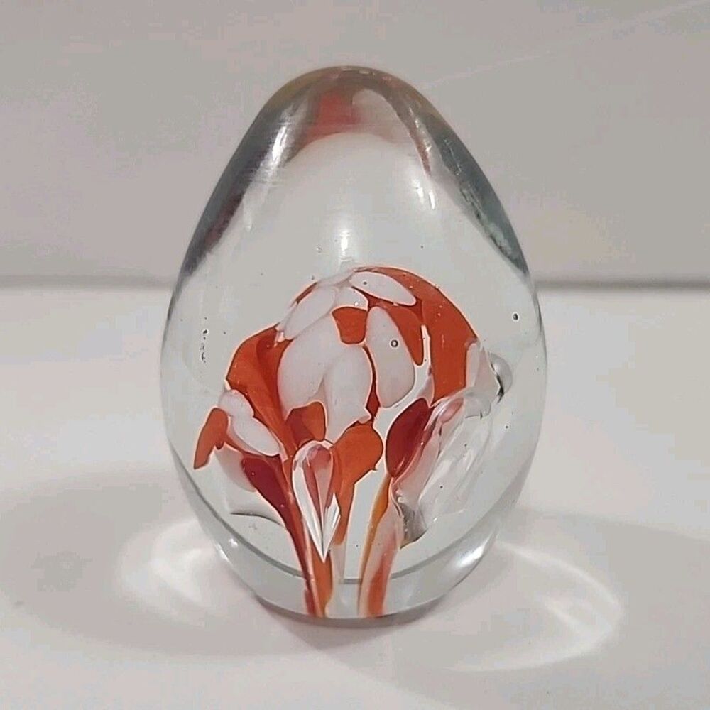 VTG 1978 George Good Paperweight Art Glass Flowers Pink & White Swirl Round Egg